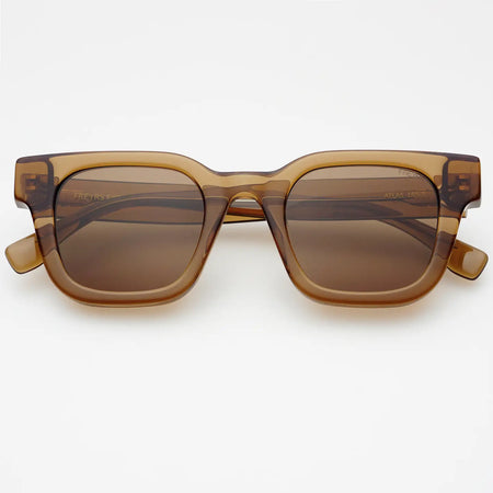 Translucent brown acetate sunglasses with a rectangular frame on a white background.