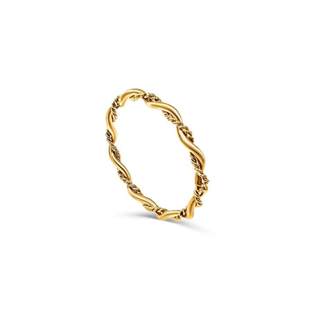 Aubrey Twist Ring. Delicate golden ring with a smooth gold strand wrapped with a delicate twisted rope. Made of hypoallergenic marine grade stainless steel with gold plating. Water, sweat and tarnish resistant.