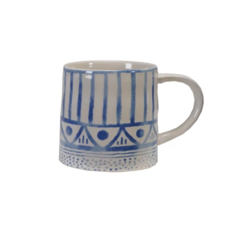 Stoneware mug with a white glaze and a striped decorative pattern inspired by the traditional tiles of Portugal. Holds 14 fluid oz.