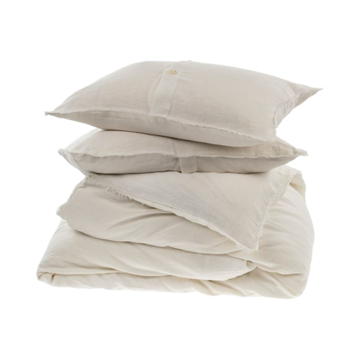 Stack of ivory linen pillows shams and folded duvet. 100% linen in ivory. Sold as a set of 2 pillow shams and a matching duvet cover. Queen and King size available.