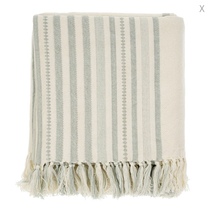 Cottage stripe throw. Off white cotton throw with sea foam green stripes and hand knotted fringe tassels finishing each end. 100% cotton, great for warmer weather. Measures 60" x 50".