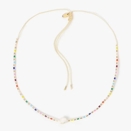 Marley beaded choker with white baroque pearl. Adjustable choker necklace strung with tiny rainbow and gold glass beads. Hand crafted in Australia.