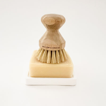 Bamboo dish brush use with solid lemon dish soap bar and earth stone soap dish. Each sold separately. Perfect for the sustainable, eco friendly kitchen.