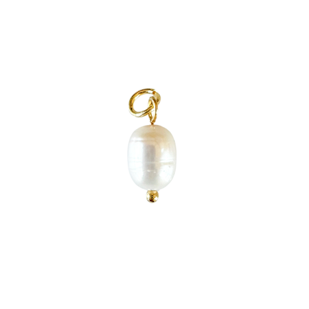 White pearl charm with gold filled fittings. Designed to layer onto necklaces or bracelets. .5 inch length, .25 inch diameter. Water and tarnish resistant.