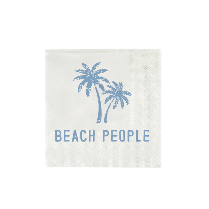 White paper cocktail napkin with two palm trees and "Beach People" printed in blue. Sold as a pack of 20. Measures 5 inch square, folded.