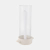 Clear glass hurricane taper candle holder with beige ceramic base. 13 inch height 7 inches across at handle.