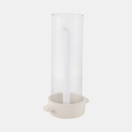 Clear glass hurricane taper candle holder with beige ceramic base. 13 inch height 7 inches across at handle.