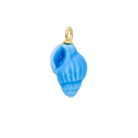 Blue glazed ceramic trumpet shell charm with gold fittings on white background.