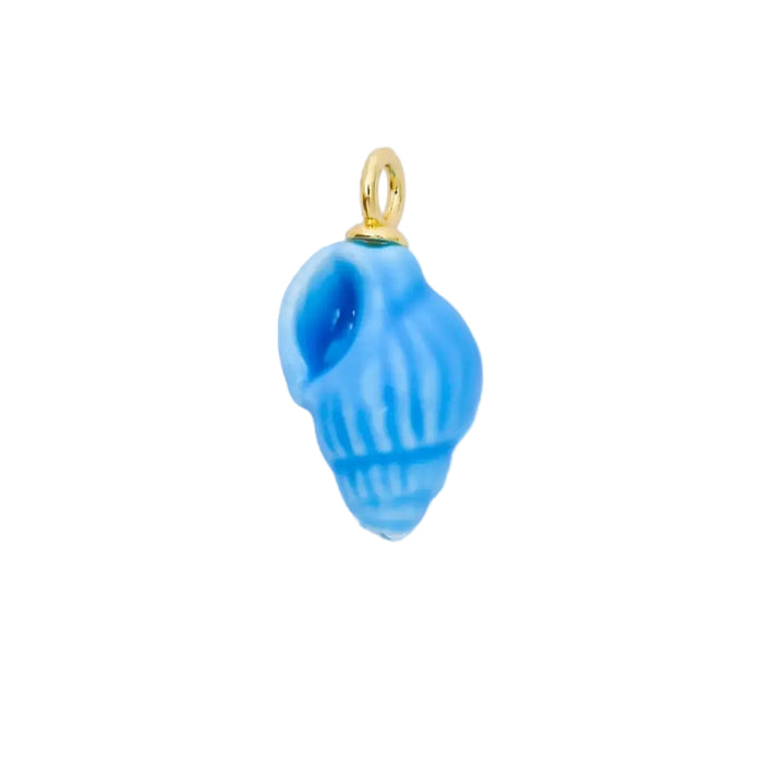 Blue glazed ceramic trumpet shell charm with gold fittings on white background.