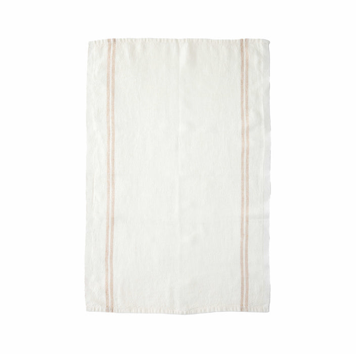 Off White linen tea towel bordered with a soft sand (dune) colored double stripe. 21 x 31 inches.