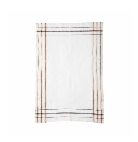 100% linen tea towel in off white with a sand (dune) and sepia stripe border that intersects at all four corners to create a checked perimeter. 21 x 31 inches.
