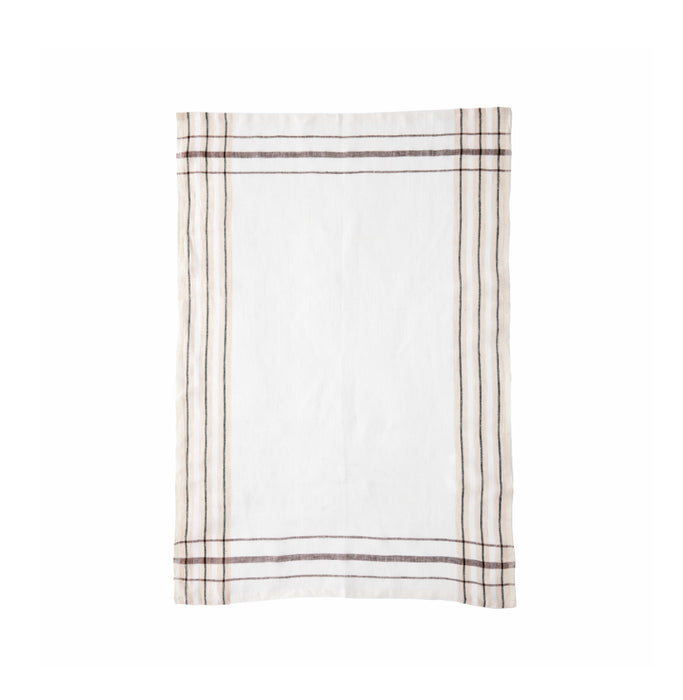 100% linen tea towel in off white with a sand (dune) and sepia stripe border that intersects at all four corners to create a checked perimeter. 21 x 31 inches.