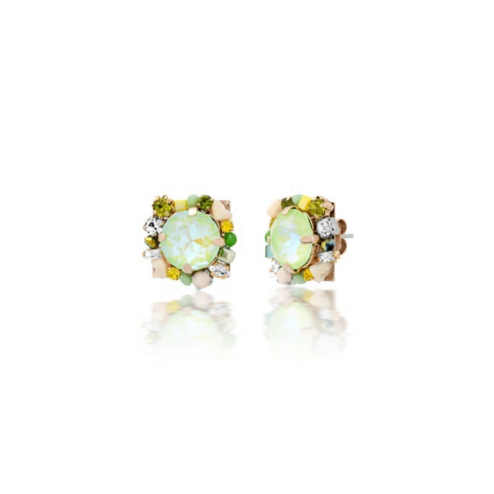 Citrine Dream Earrings. A pale green iridescent bezel cut stone surrounded by tiny clear and yellow CZ crystals, moonstone and a hint of emerald. Gold plated setting on a brass post. Dimensions 1/2" x 1/2".