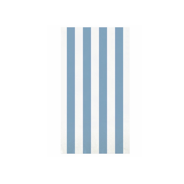Blue and white stripe paper napkin on a white background. Sold as a pack of 20. Each measures 4.25 x 8 inch folded.