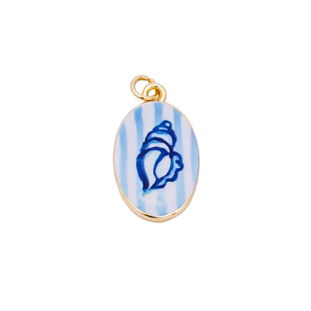 Small oval shaped enamel pendant hand painted with soft blue and white stripes and a rich blue seashell. Fittings and setting 24K gold plated over brass.