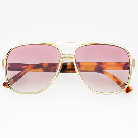 Classic gold frame aviator sunglasses with tortoise arms and a rose tinted lense.