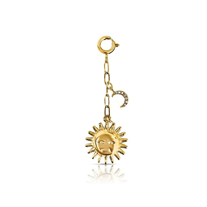 Celestial charm features a golden sun  pendant and a small crescent moon with clear CZ pave'. Charms dangle on a small paperclip chain with a ring clasp intended to layer onto chain necklaces for a build your own charm necklace. 6cm x 2.2cm