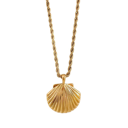 Gold seashell pendant on a twisted gold rope chain. 16 inch length with 2 inch extender. Water, sweat and tarnish resistant jewelry. Made of gold plated hypoallergenic marine grade stainless steel with protective coating. Pendant measures 1.5" x 1.25".