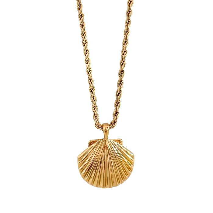 Gold seashell pendant on a twisted gold rope chain. 16 inch length with 2 inch extender. Water, sweat and tarnish resistant jewelry. Made of gold plated hypoallergenic marine grade stainless steel with protective coating. Pendant measures 1.5" x 1.25".