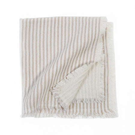 Cove stripe napkins in natural and white. Set of 4, 18 inch square napkins with gently frayed edges. 100% cotton. Machine wash delicate cycle. No bleach.