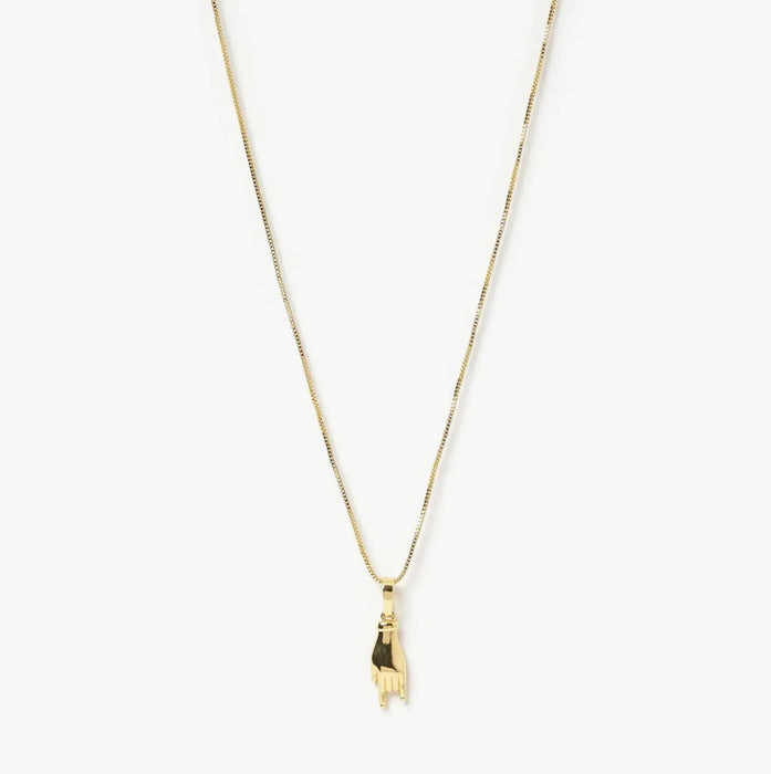 Good Vibes charm necklace. Fine gold chain with a golden hand charm. Both are 18k gold plated with premium E-finish to prevent discoloration or tarnishing. 18" length with 3" extender.