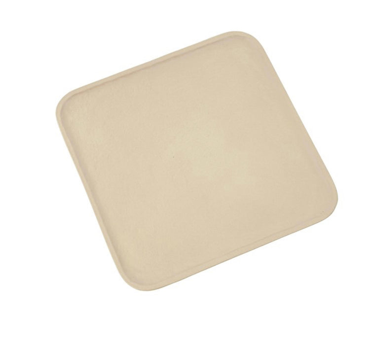 Small Terra decorative tray. Square tray with rounded corners measures 8" square x .25" high. Artisan made of cast Aluminum with a light sand glaze giving it the look of earthy stoneware. For decorative purposes only, not for serving food.