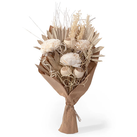Dried flower and palm bouquet wrapped in brown Kraft paper. Natural dried foliage from California. Perfect way to add Fall vibes to a beach house. Each bouquet measures approximately 25"