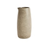 Handle free stoneware carafe  in an oyster-grey glaze. Measures 6.3 inch height x 2.95 inch diameter.