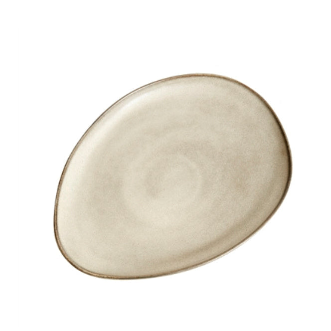 Irregular egg shaped ceramic platter in an oyster-grey glaze. Measures 12.2 x 9.45 inches.