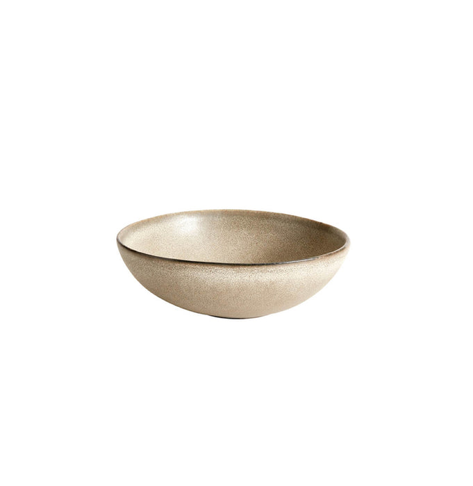Small irregular shaped ceramic bowl with an oyster-grey glaze. Measures 5.7 x 6.1 inches.