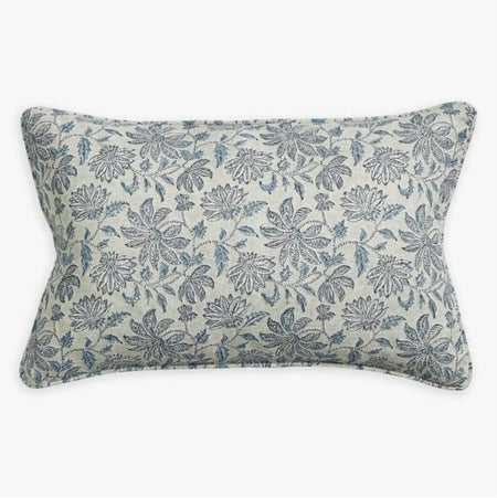 Uluwatu Tahoe pillow from Walter G. 14" x 22" linen pillow in a soft seagreen block printed in an exotic floral motif in shades of aqua and indigo. 100" linen, printed on both sides with piped edges included down insert.