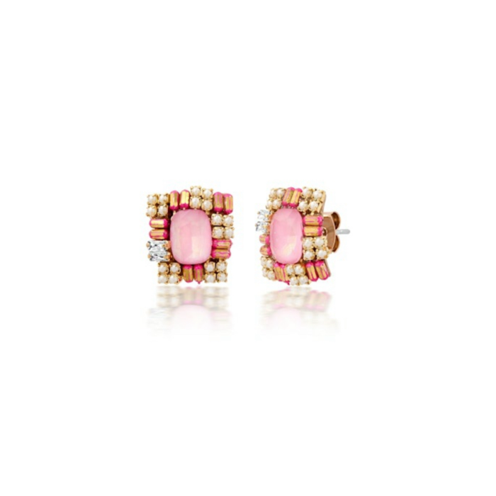 Pink checkerboard gem stone earrings. A pink faceted crystal surrounded by a tiny pink and white checkerboard of pearls, clear CZ crystals and tiny pink stones. Gold filled setting with a brass post. Dimensions: 3/8" x 1/2".