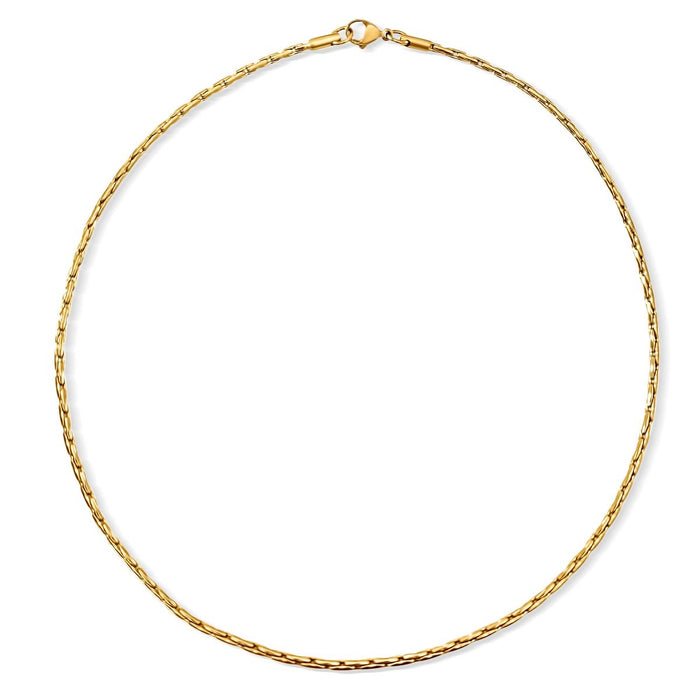 Elin box chain necklace. A curvilinear box chain link necklace. Made of hypoallergenic stainless steel with gold plating. Water, sweat and tarnish resistant. 16" length 2 mm wide.