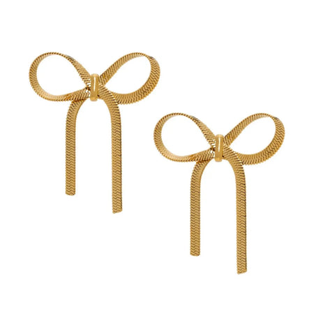 Pair of bow shaped earrings in delicate 18K gold plated snake chain. 1.25" x 1.25". Water and tarnish resistant.