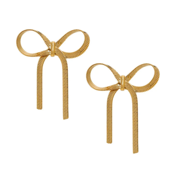 Pair of bow shaped earrings in delicate 18K gold plated snake chain. 1.25" x 1.25". Water and tarnish resistant.