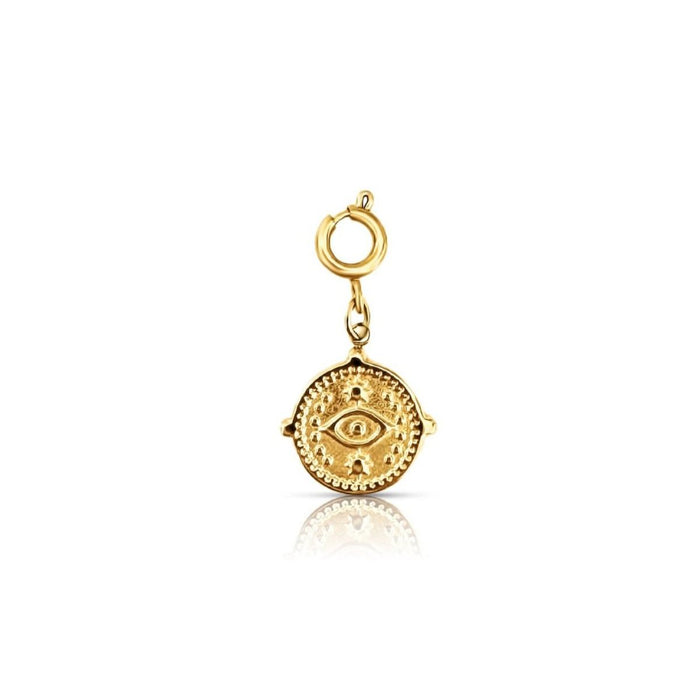 Eye On You Charm. A small round golden disk with an evil eye symbol etched into it. Charm hangs from a ring clasp intended to clasp onto chain necklaces for a build your own charm necklace. Gold plated, hypoallergenic stainless steel. Water, sweat and tarnish resistant. 25 mm x 13 mm.