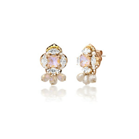 Bejeweled Marquis earrings. Stud earrings encrusted with clear CZ crystals, tiny pearls, smoke crystals and centered with a pale pink stone. Dimensions .75" length .5" width