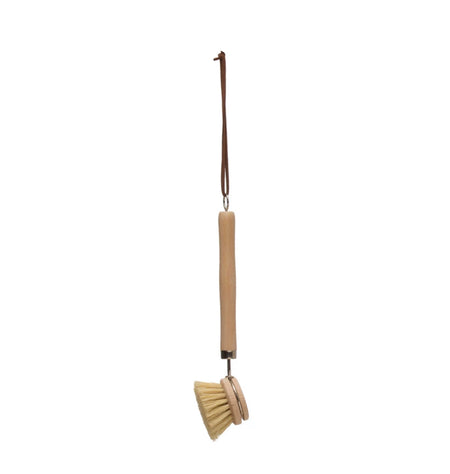 Dishbrush with natural Beechwood handle, natural bristles and a suede strap for hanging. 8" length, brush is 2" diameter.