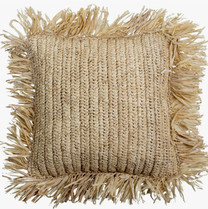 Raffia pillow with wide raffia fringe trim. 20" square. Includes insert made of cotton and coconut fiber.
