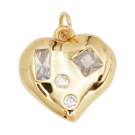 Gold bubble heart charm adorned with sparkling Zircon stones in a mix of geometric shapes. Measures 1".