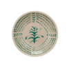 The Giordino platter in agave design. Large round terra cotta platter finished in a subtle crackled glaze with a hand painted green border and botanical design. Food safe. Decorative wall plate with metal hanging hook on back. Measures 16.25" diameter, 2.5" depth. Hand wash only.