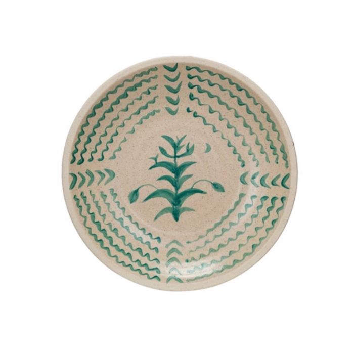 The Giordino platter in agave design. Large round terra cotta platter finished in a subtle crackled glaze with a hand painted green border and botanical design. Food safe. Decorative wall plate with metal hanging hook on back. Measures 16.25" diameter, 2.5" depth. Hand wash only.