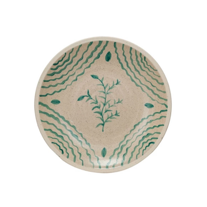 Giordino Platter in rosemary design. A large round terra cotta platter finished in a subtle crackled glaze with a hand painted green border and rosemary sprig design. Food safe. Decorative wall plate with metal hanging hook on back. Measures 16.25" x 2.5". Hand wash only.