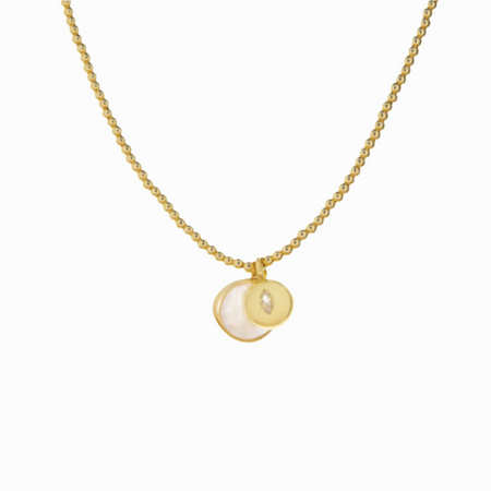 Golden ball choker necklace with a large white mother of pearl charm and a smaller gold disc embedded with a clear CZ marquis cut stone. Gold plated over brass. 16 inch length with 2 inch extender.