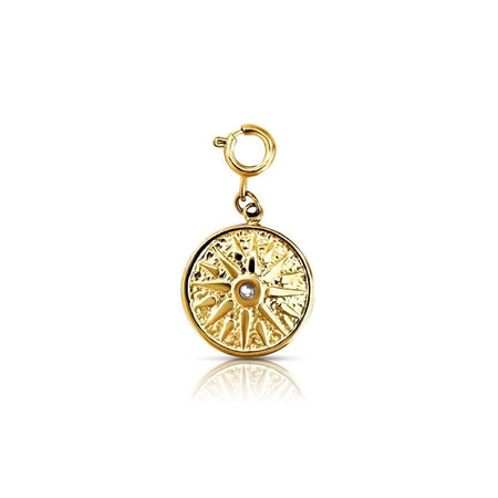 Golden Rays Charm. A small round medallion charm with a sunburst icon centered with a clear CZ stone. Hangs from a round clasp intended to easily layer on multiple chain styles for a build your own charm necklace. Gold plated on hypoallergenic stainless steel. Water, sweat and tarnish resistant. 28mm x 15mm