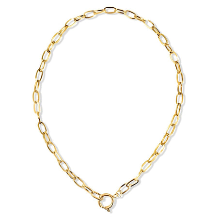 Harlow Charm Builder Necklace. Golden chain necklace with a sailor clasp, perfect for stringing charms. Gold plated hypoallergenic stainless steel. Water, sweat and tarnish resistant. 18" length