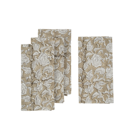 Set of 4 cotton woodblock print napkins. Sand base with a white leaf pattern with dark espresso outline. Measures 20" square.