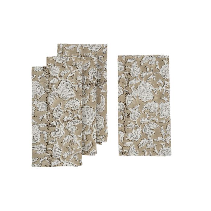 Set of 4 cotton woodblock print napkins. Sand base with a white leaf pattern with dark espresso outline. Measures 20" square.