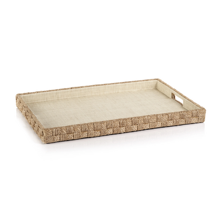 Large Hamptons serving tray. Rectangular tray 24" x 16" x 1.75". Exterior basketweave in Abaca rope, interior is lined with seagrass paper. Two cut outs on side act as handles. 
