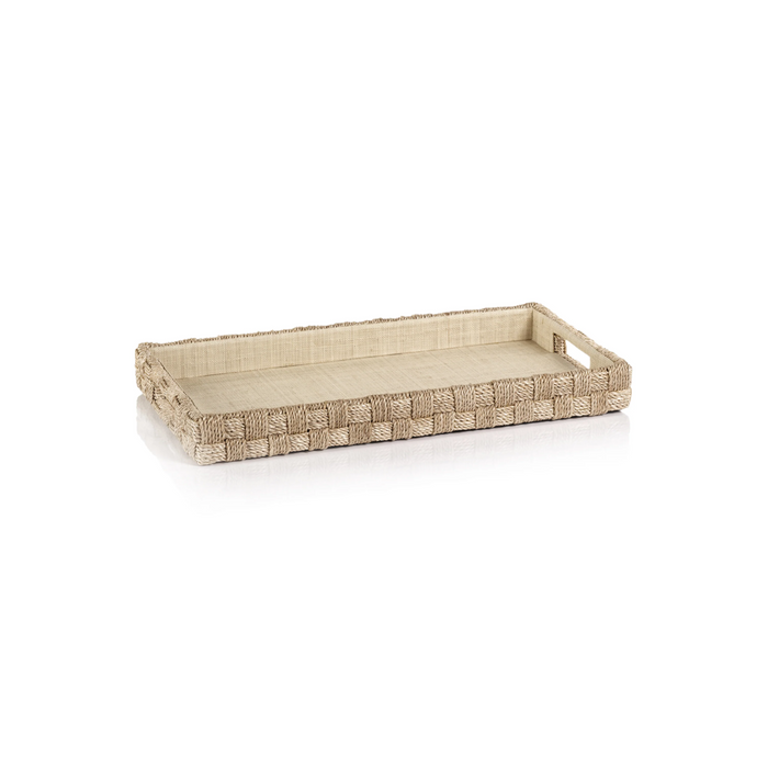 Medium Hamptons serving tray. Rectangular tray 19.5" x 10" x 2". Exterior is covered with Abaca rope in a basket weave, interior is lined with seagrass paper. Cut outs on each side act as handles.